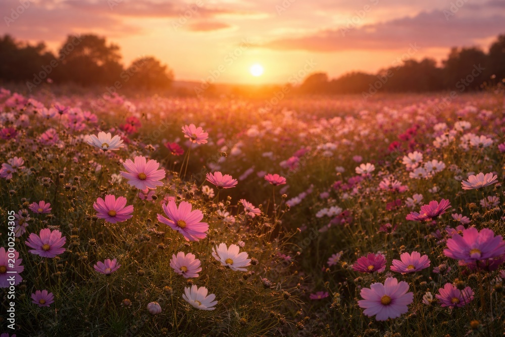 Fototapeta premium Cosmos flower meadow illuminated by soft evening sunset