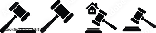 Property auction hammer silhouette icon set featuring black gavel symbols on white background for legal auction real estate and bidding design
