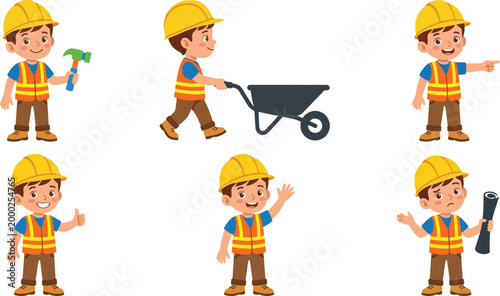 Construction Worker Kid Cartoon Character Poses Flat Vector Set Hammer Wheelbarrow Pointing Thumbs Up and Blueprint Icons
