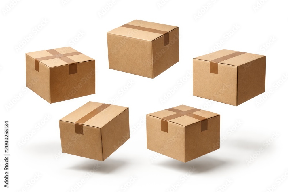 Fototapeta premium five suspended cardboard boxes sealed and isolated on a white backdrop