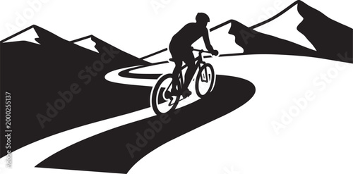 Biker on winding mountain trail silhouette vector icon isolated on white background