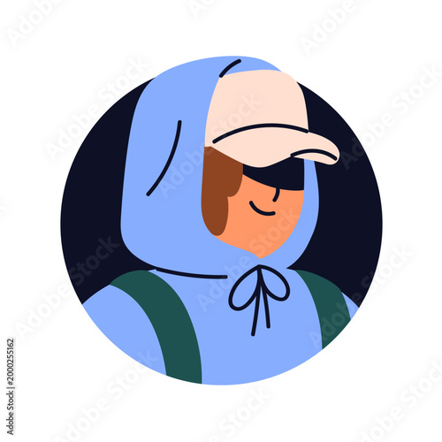Man in hood and baseball cap, face avatar. Male character smiling, smirking, ...