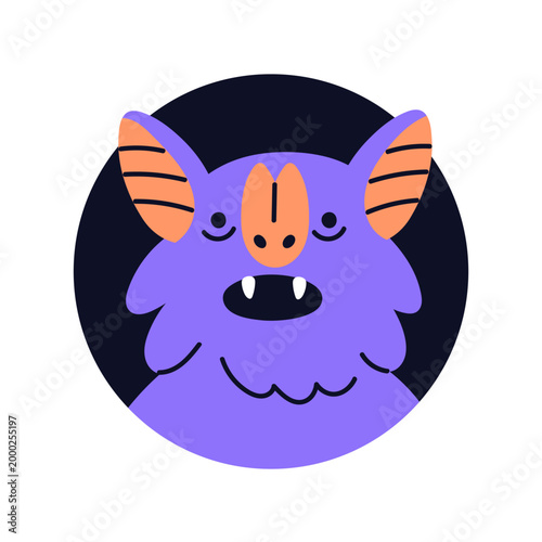 Funny cute monster, face avatar. Spooky Halloween bat character, round user p...