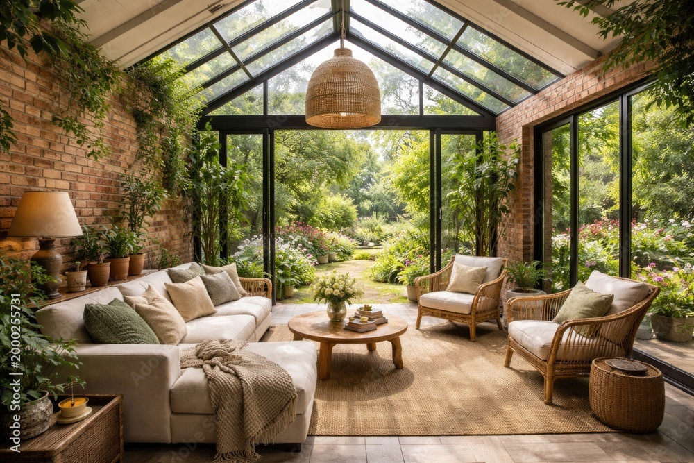 Fototapeta premium Open sunroom design blending garden scenery and brick wall accents
