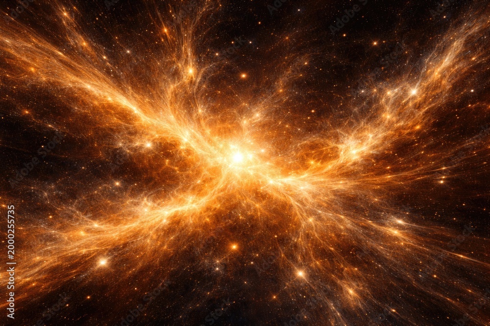 Fototapeta premium Golden glittering dusty nebula with motion effects in astrophysics concept