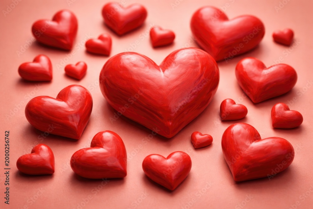 Fototapeta premium Artistic red plasticine heart shapes positioned on a warm pink backdrop highlighting playful design and love