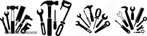 Property renovation tools silhouette icon set featuring black construction and repair symbols on white background for home improvement and building design