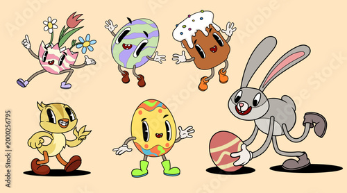 Groovy retro Easter cartoon characters set. Easter bunny, eggs, chick and glazed kulich (sweet bread) on light green check background. Vector illustrations.