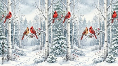 Red cardinals perched on snowy branches in a winter forest scene with birch trees and evergreen trees in the background, creating a serene nature landscape