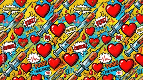 Colorful pop art illustration featuring syringes, hearts, and emergency symbols with bold text elements conveying urgency and critical medical themes