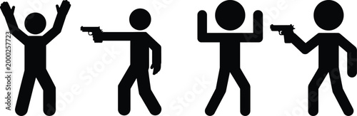 Sequence of stick figure actions involving guns and gestures of peace or surrender.