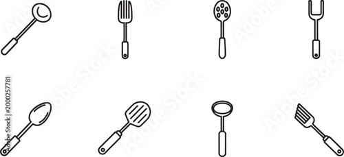 Black and white line of scissors, stapler, tape dispenser, and other office tools