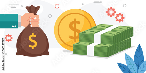 Financial Wealth Growth Concept Illustration with Money Bag, Dollar Coin, Cash Stacks and Business Investment Elements for Banking and Economic Success Designs