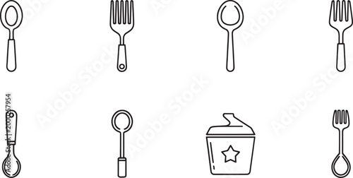 Black and white line of tools, a trophy, a gift box, and a key