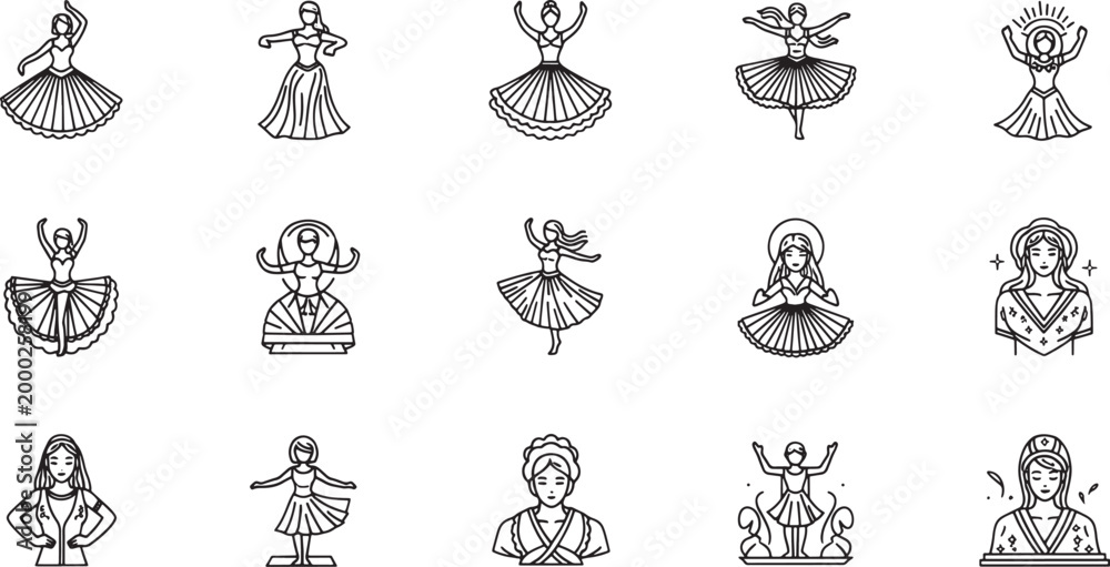 Naklejka premium Black and white line of women with vintage hairstyles and accessories