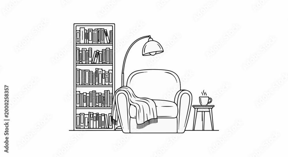 Fototapeta premium Cozy armchair, bookshelf, lamp, and a steaming cup of coffee