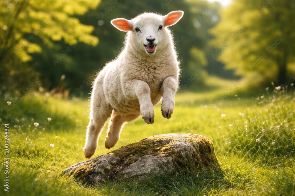 Obraz premium Energetic pet sheep jumping on a mossy stone in a full length summer portrait on green grass