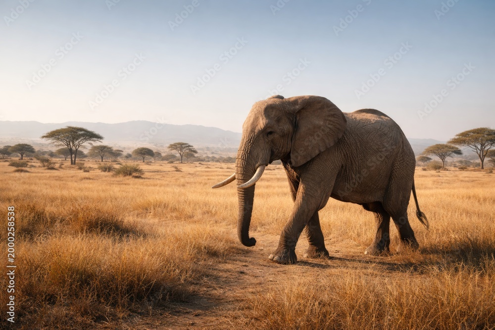 Fototapeta premium Calm elephant trekking across expansive open savannah under clear sky