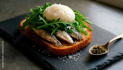 Brunch-style serving, with sardines, poached eggs, and herbs.