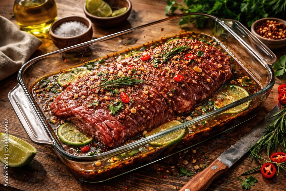Obraz premium Full preparation of marinated flank steak in a rectangular glass baking dish