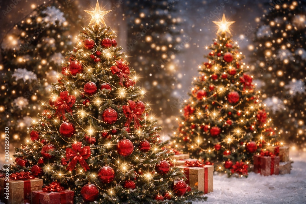 Fototapeta premium Christmas trees richly adorned with red baubles and sparkling stars amidst a winter holiday background