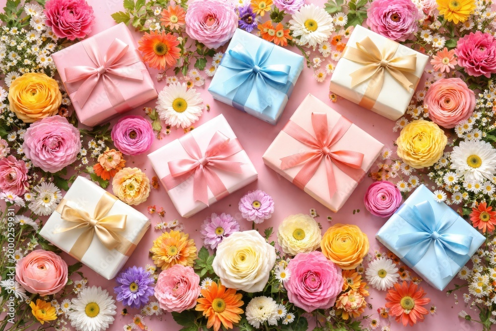 Fototapeta premium Colorful mixed flowers combined with present boxes on a pastel pink backdrop overhead flat arrangement for special days