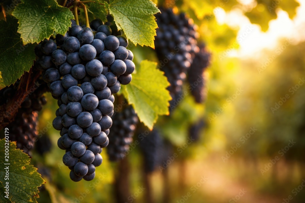 Obraz premium Close up photography of black nebbiolo grapes on leafy vines with copyspace for text