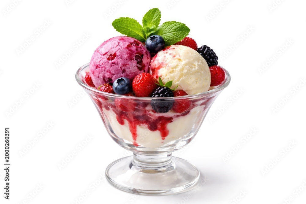 Fototapeta premium Berry and vanilla scoop ice cream sundae decorated with mint leaves on plain white background