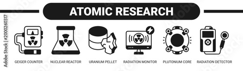 Atomic Research web banner icon vector illustration concept with icons of geiger counter, nuclear reactor, uranium pellet, radiation monitor, plutonium core, and radiation detector. 