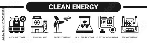 Clean Energy web banner icon vector illustration concept with icons of cooling tower, power plant, energy turbine, nuclear reactor, electric generator, and steam turbine. 