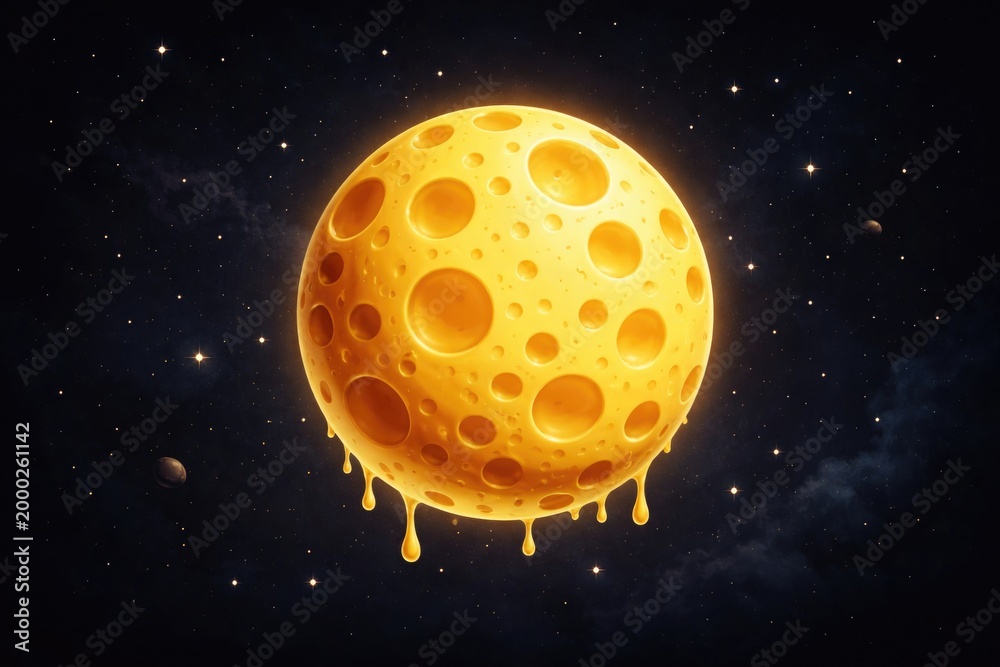 Fototapeta premium Creative flat digital illustration of a cheese moon set on a deep dark backdrop