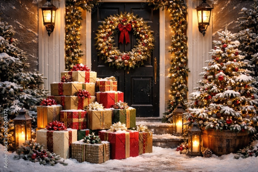 Fototapeta premium Holiday entrance setup with parcels piled high, festive wreath decoration, and a small snowy winter tree