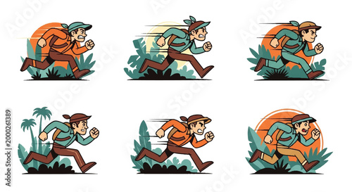 Running characters with backpacks and sunset elements