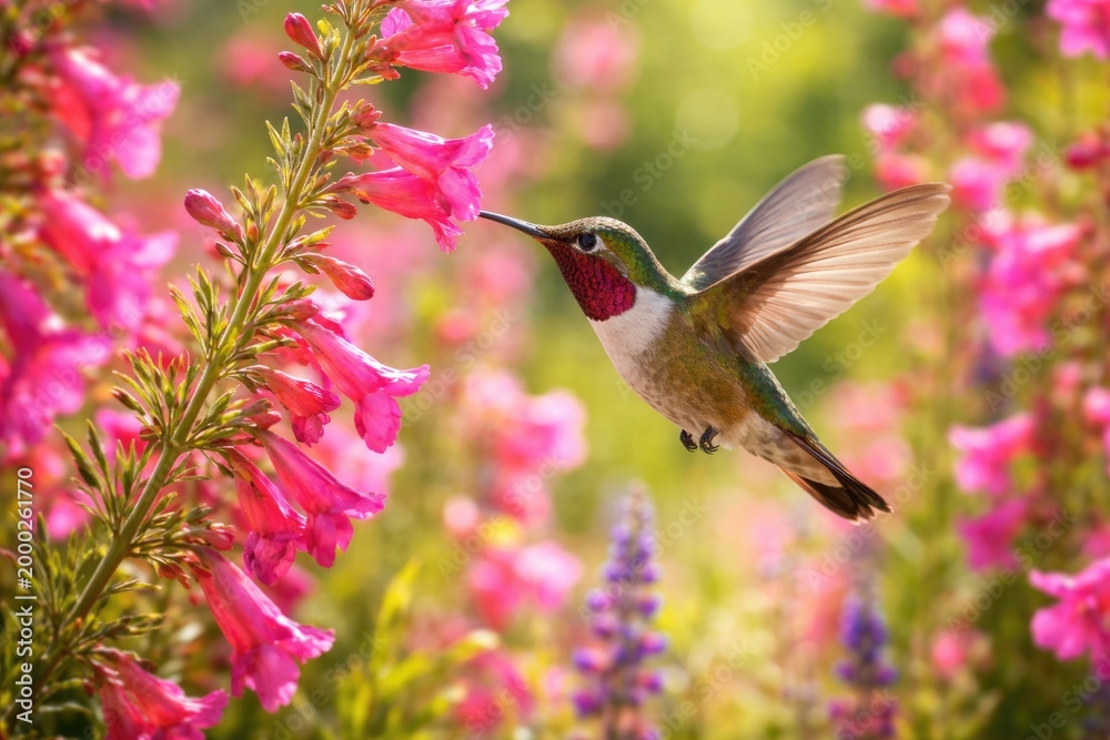 Fototapeta premium Cheerful broad tailed hummingbird exploring vibrant penstemon blossoms on a warm summer day