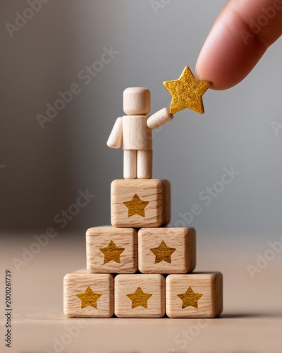 Customer Loyalty and Satisfaction Survey Concept with Wooden Figurine Touching Golden Star Icon