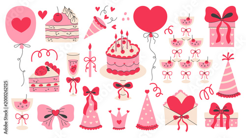 Pink Birthday Party Vector Set. Coquette Romantic Girlie Anniversary Festive Elements Collection. Cake Balloon Hat Streamers Cocktails. Flat Vector illustration