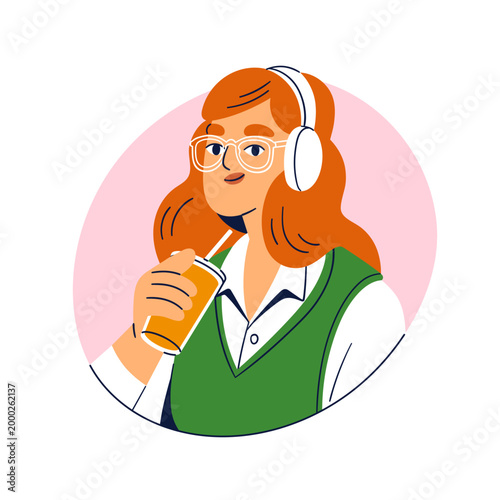 Woman in glasses, headphones, holding drink, portrait. Young female character...