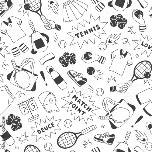 Tennis Seamless Pattern. Hand Drawn Doodle Sport Game Background with Racket Ball Gear Equipment Uniform Elements and symbols. Vector illustration