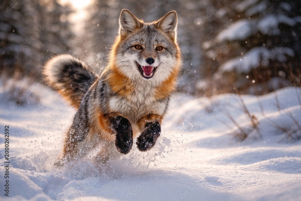 Fototapeta premium Energetic captive grey fox frolicking in snow on a chilly winter afternoon