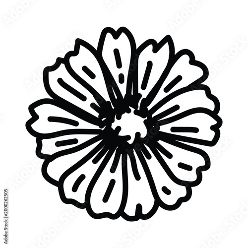 Simple zinnia flower sketch in doodle style. Minimal hand drawn floral illustration ideal for coloring pages, stickers, packaging, and creative design elements.