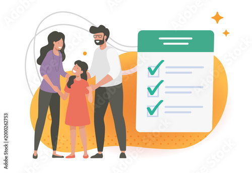Family planning checklist task vector modern minimal flat cartoon graphic illustration, health insurance concept checkmarks, parental goals management idea, household management clip art
