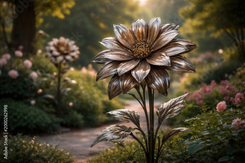 Elegant garden scene with a metal flower sculpture and a tastefully blurred background