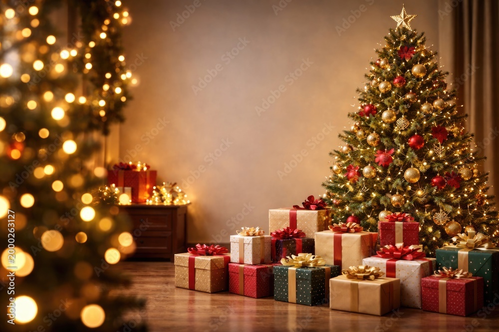 Fototapeta premium Copy space background displaying Christmas tree and assorted wrapped gifts