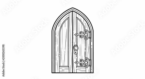 Ornate gothic double door with curved top and decorative hinges