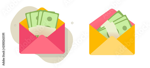 Money cash in envelope icon modern simple graphic flat cartoon illustration set, salary or bonus sign, corruption bribe or kickback payoff, savings earnings budget image clip art

