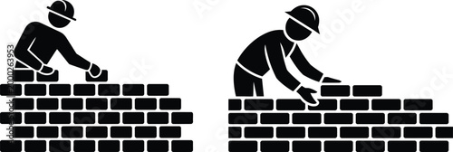 Two construction workers laying bricks on separate walls