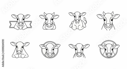 Collection of eight simple line art illustrations of cows and calves