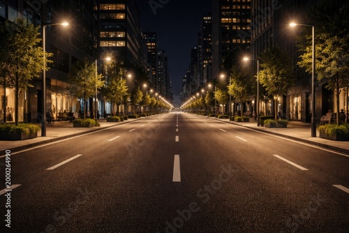 Asphalt roadway lit by street lamps in a contemporary urban setting