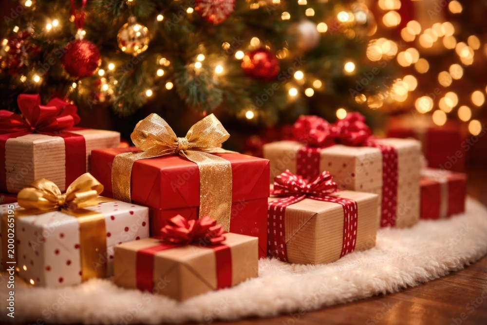 Obraz premium Blurred background Christmas presents under tree ready for joyful holiday messages
