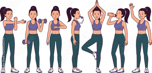Fitness Trainer Woman Cartoon Character Poses Flat Vector Set Stretching Dumbbell Smartwatch Whistle and Tree Pose Icons
